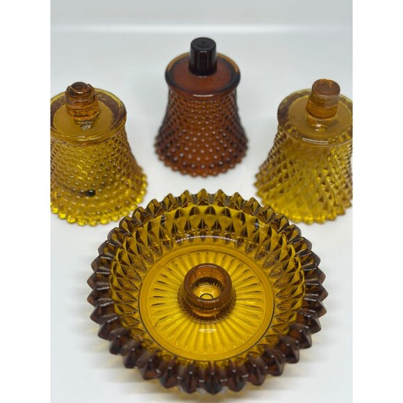 VTG Set of 4 Peg/Candle Holder Diamond Point Brown Amber Votive Cups Glass READ - Picture 2 of 10